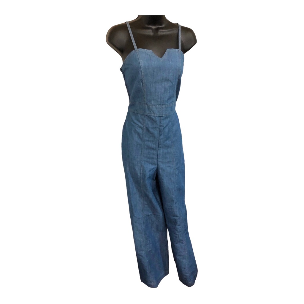 Jessica Simpson Blue Denim Wide Leg V-Front Smocked Back Jumpsuit Size Small New